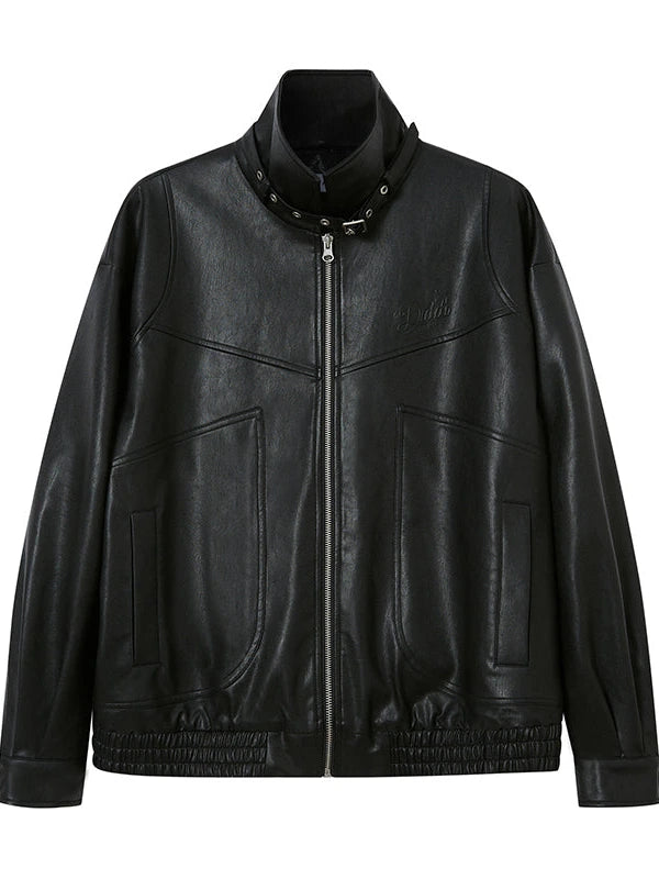 Deconstructed Bow Embroidered Oversized Pu Leather Jacket