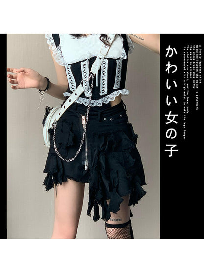 WSW WUSHENWU Y2K Cross Lace Denim Mini Skirt