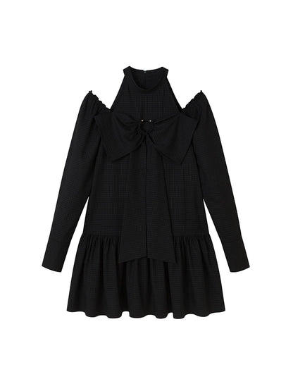 DIDDI MODA Sweet Bow Black Dress Elegant Lace Up Sleeves