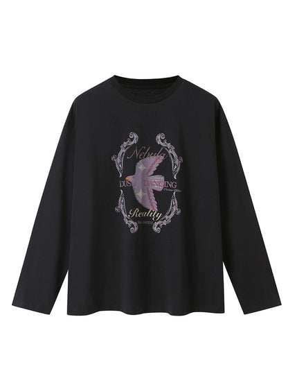 DIDDI MODA Swallow Print Loose Fit Vintage Tee