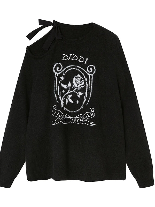 Off Shoulder Rose Jacquard Knit Top With Bow Tie