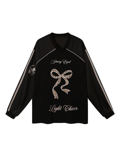 V Neck Bow Leopard Patchwork Lace Print Long Sleeve Jersey