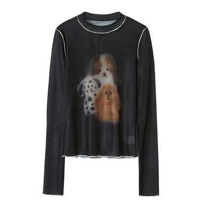 DIDDI MODA Puppy Print Sheer Black Tee