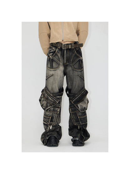 Peoplesense Spiked Straight Leg Black Grey Zip Detachable Pocket Jeans