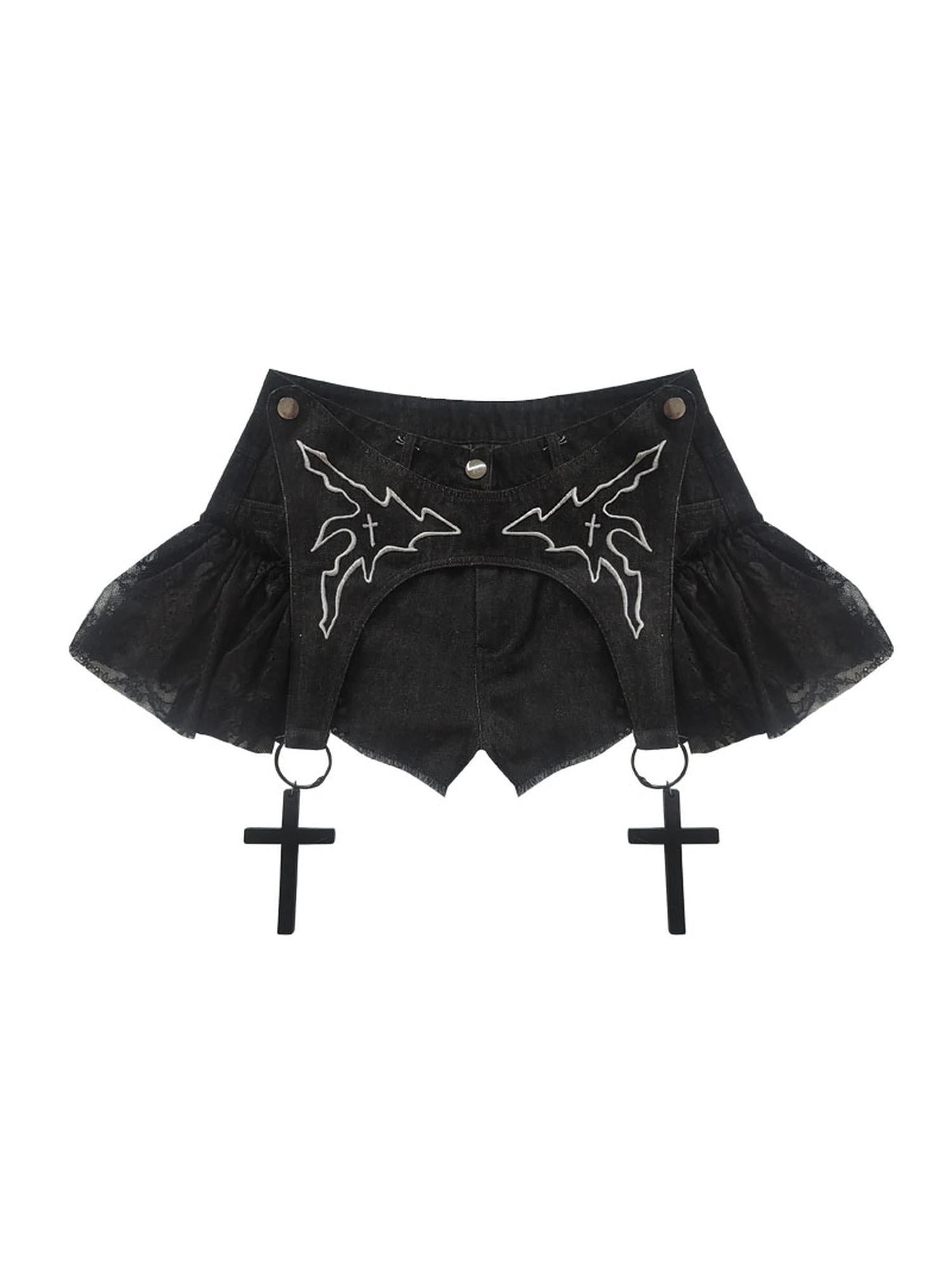 Dark Lace Denim Shorts Detachable Bow Cross