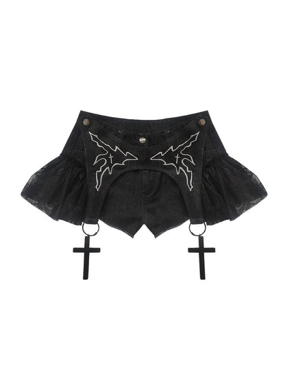 Dark Lace Denim Shorts Detachable Bow Cross