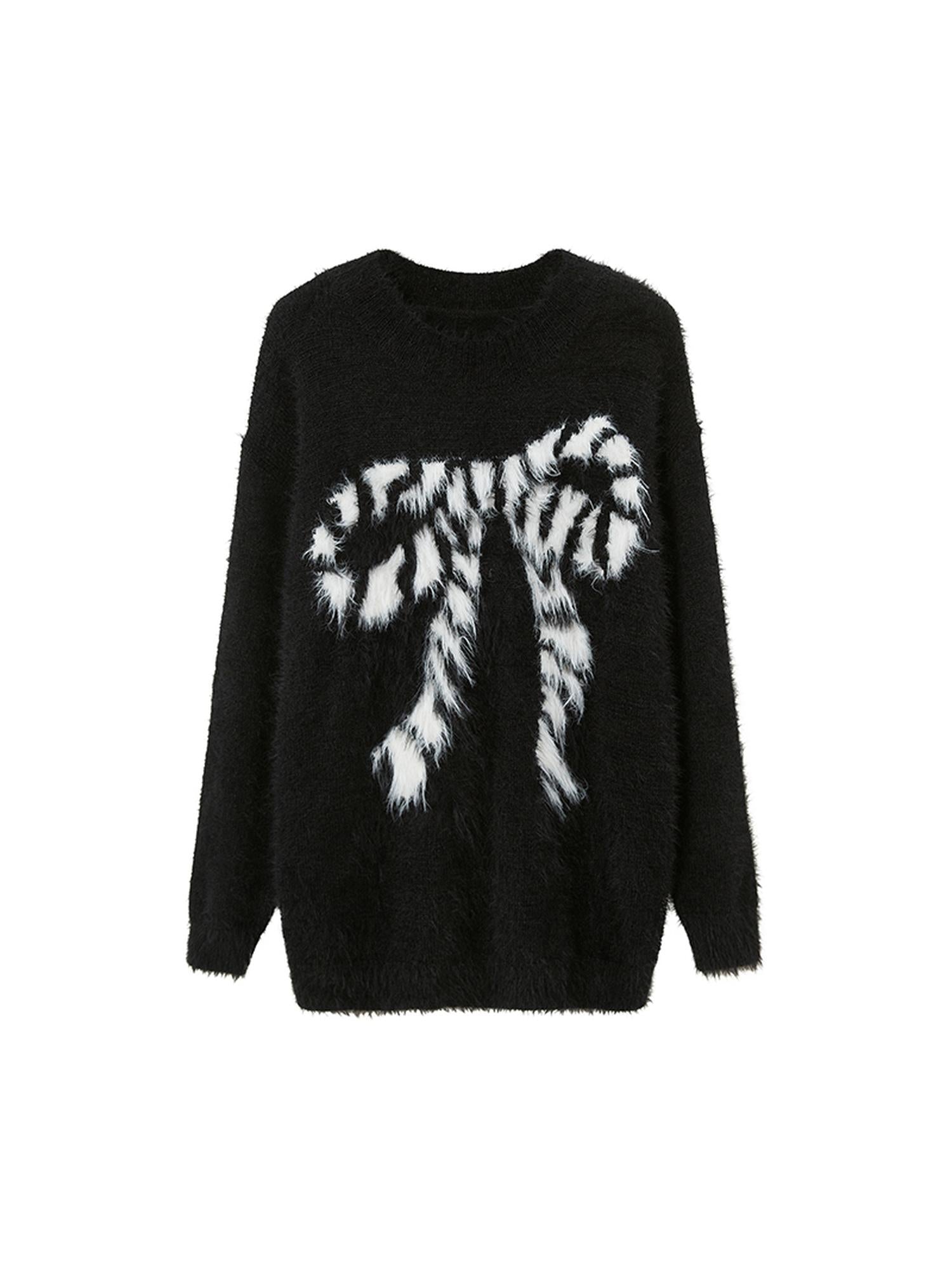 DIDDI MODA Butterfly Bow Knit Sweater With Faux Fur Trim