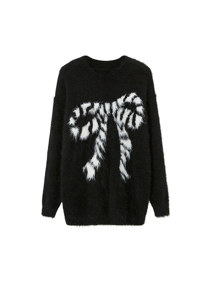 DIDDI MODA Butterfly Bow Knit Sweater With Faux Fur Trim