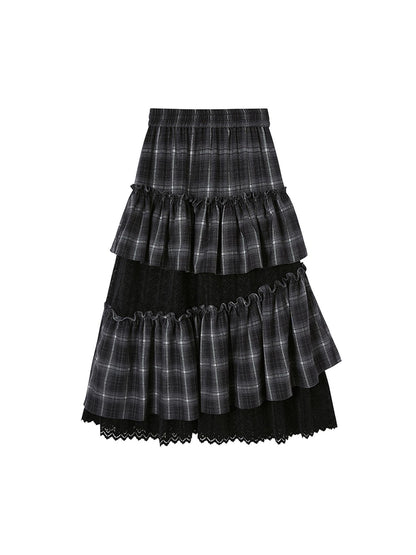 DIDDI MODA Retro Plaid Lace Tiered Ruffle Skirt