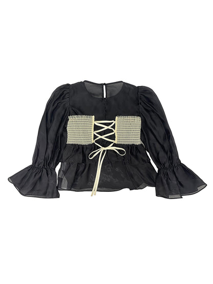 DIDDI MODA Lace Puff Sleeve Crop Top With Sheer Layered Hem