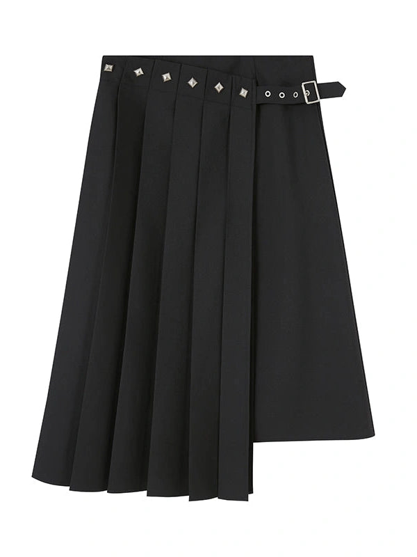Asymmetric Pleated Skirt With Metal Studs