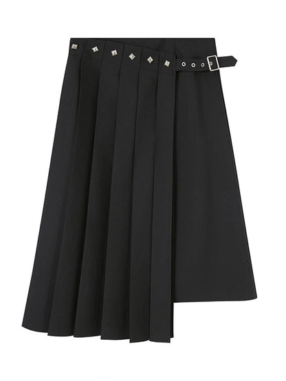 Asymmetric Pleated Skirt With Metal Studs