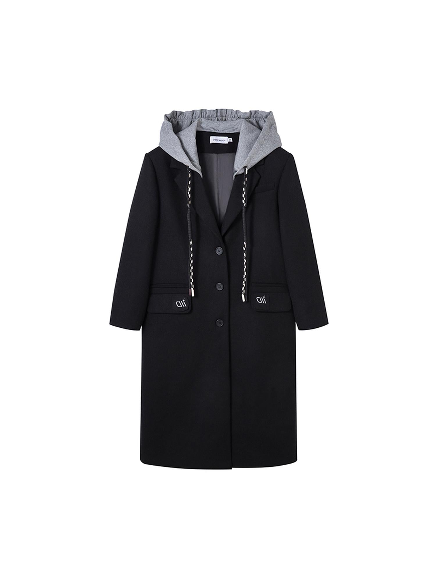 DIDDI MODA Detachable Hood Wool Blend Trench Coat Casual Chic Oversized Blazer