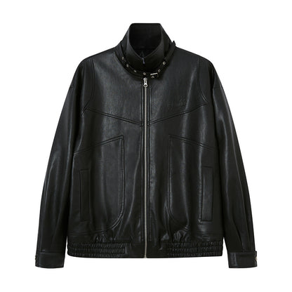 DIDDI MODA Deconstructed Bow Embroidered Oversized Pu Leather Jacket