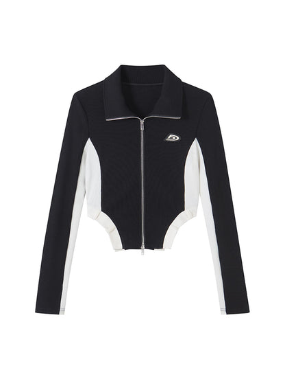 DIDDI MODA Retro Knit Zip Up Crop Top With Color Blocking