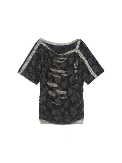ARIADNAw Vintage Y2K Collage Tee Asymmetrical Cut Out Top Retro Contrast Splicing