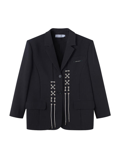 DIDDI MODA Cross Tie Detail Black Blazer With Floral Eyelets