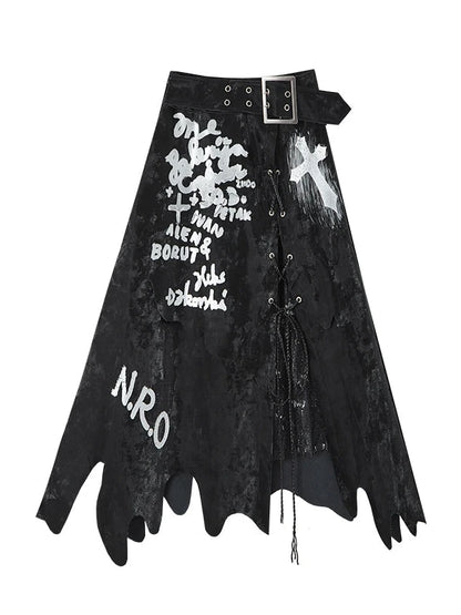 Punk Gothic Lace Asymmetrical Leather Skirt Dresses