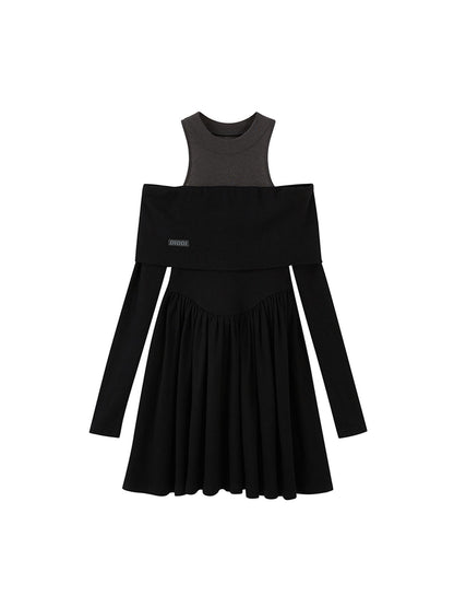 DIDDI MODA Knitted Off Shoulder Layered Dress With Embroidery