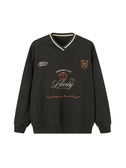 DIDDI MODA Retro Sporty V Neck Colorblock Sweatshirt
