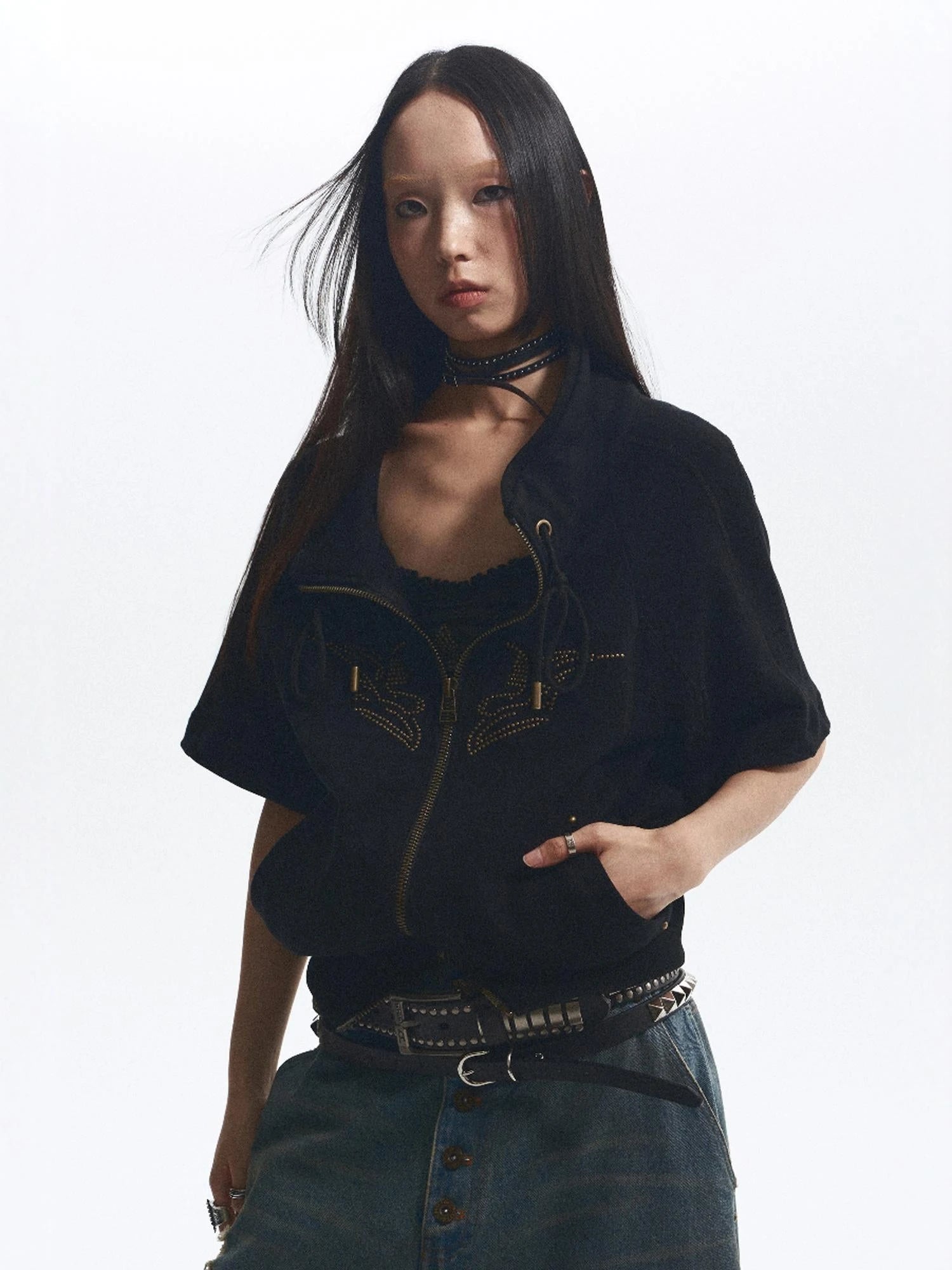 Loose Stand Collar Multi Panel Ribbed Hoodie With Double Zipper