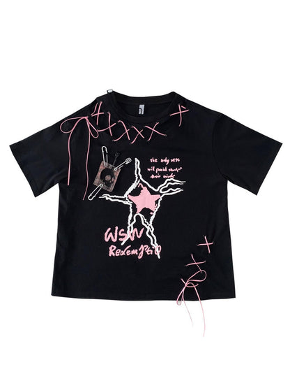 WSW WUSHENWU Unique Black Pink Asymmetrical Straps Asian Fit Tee