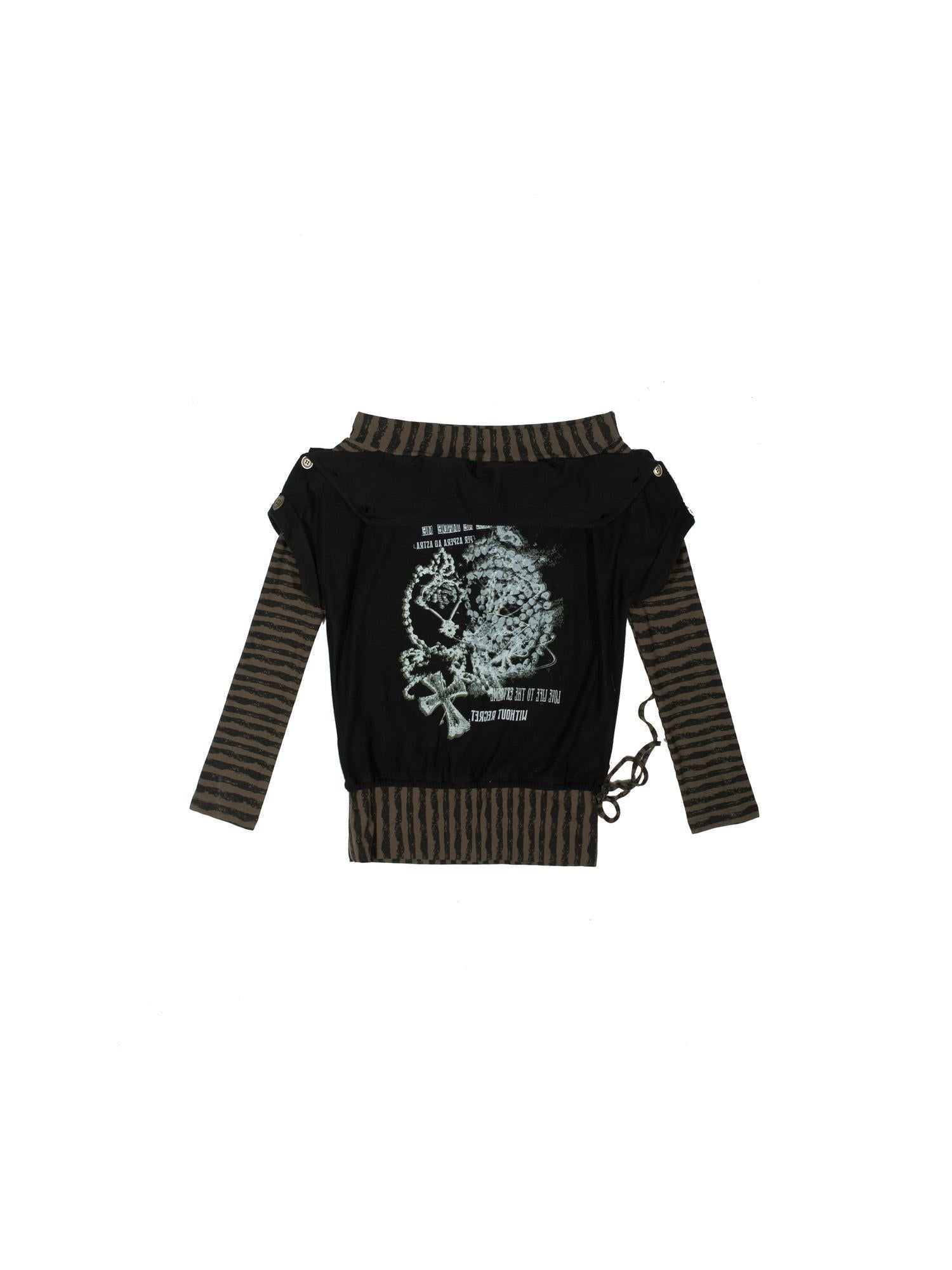 ARIADNAw Punk Y2k Cross Print Stripe Spliced Long Sleeve Sport Shirt