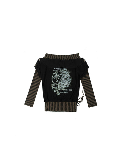 ARIADNAw Punk Y2k Cross Print Stripe Spliced Long Sleeve Sport Shirt