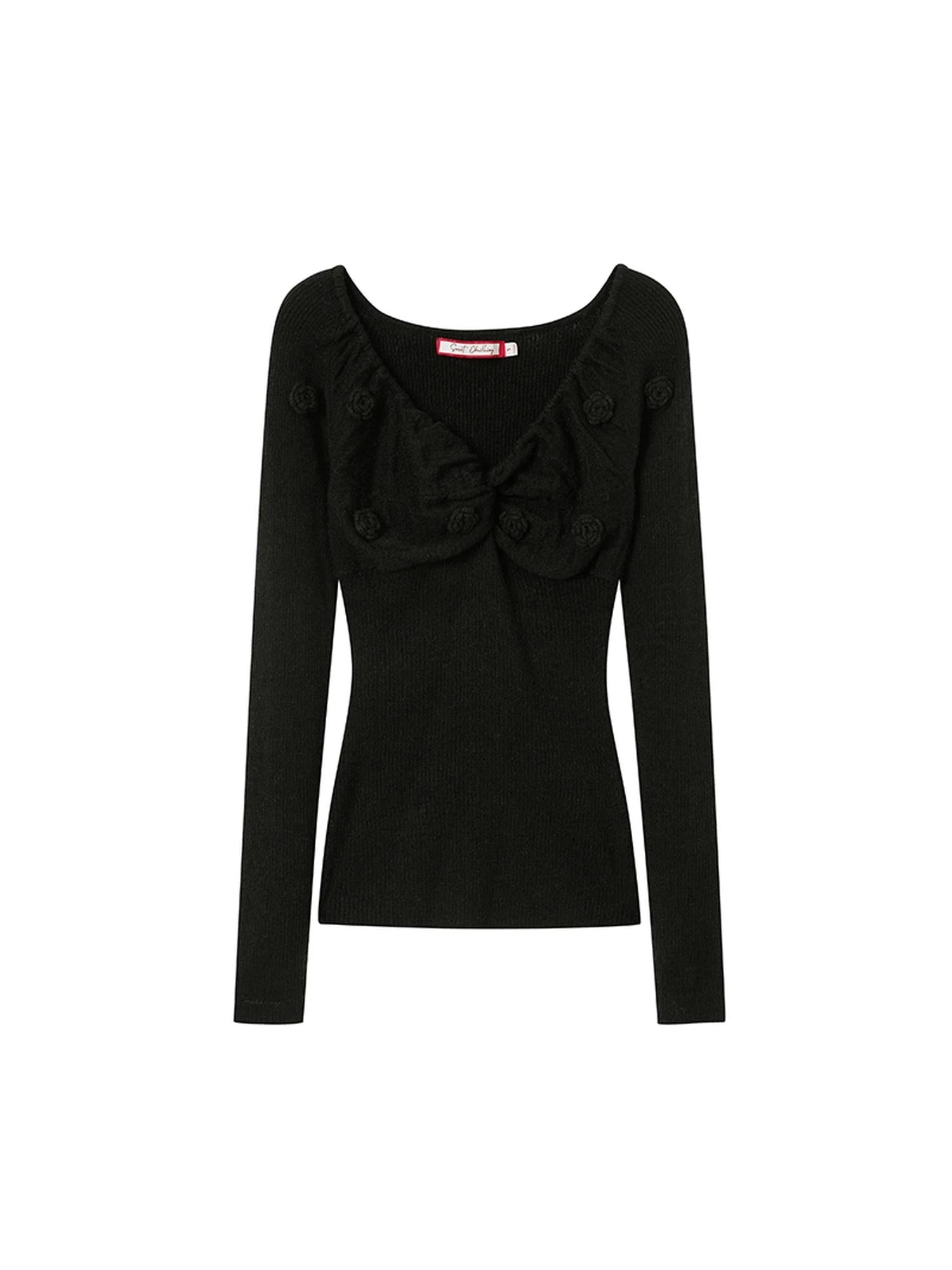 V-Neck 3D Hand-Knit Embroidered Sweater