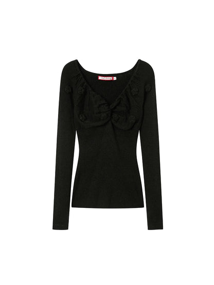 V-Neck 3D Hand-Knit Embroidered Sweater