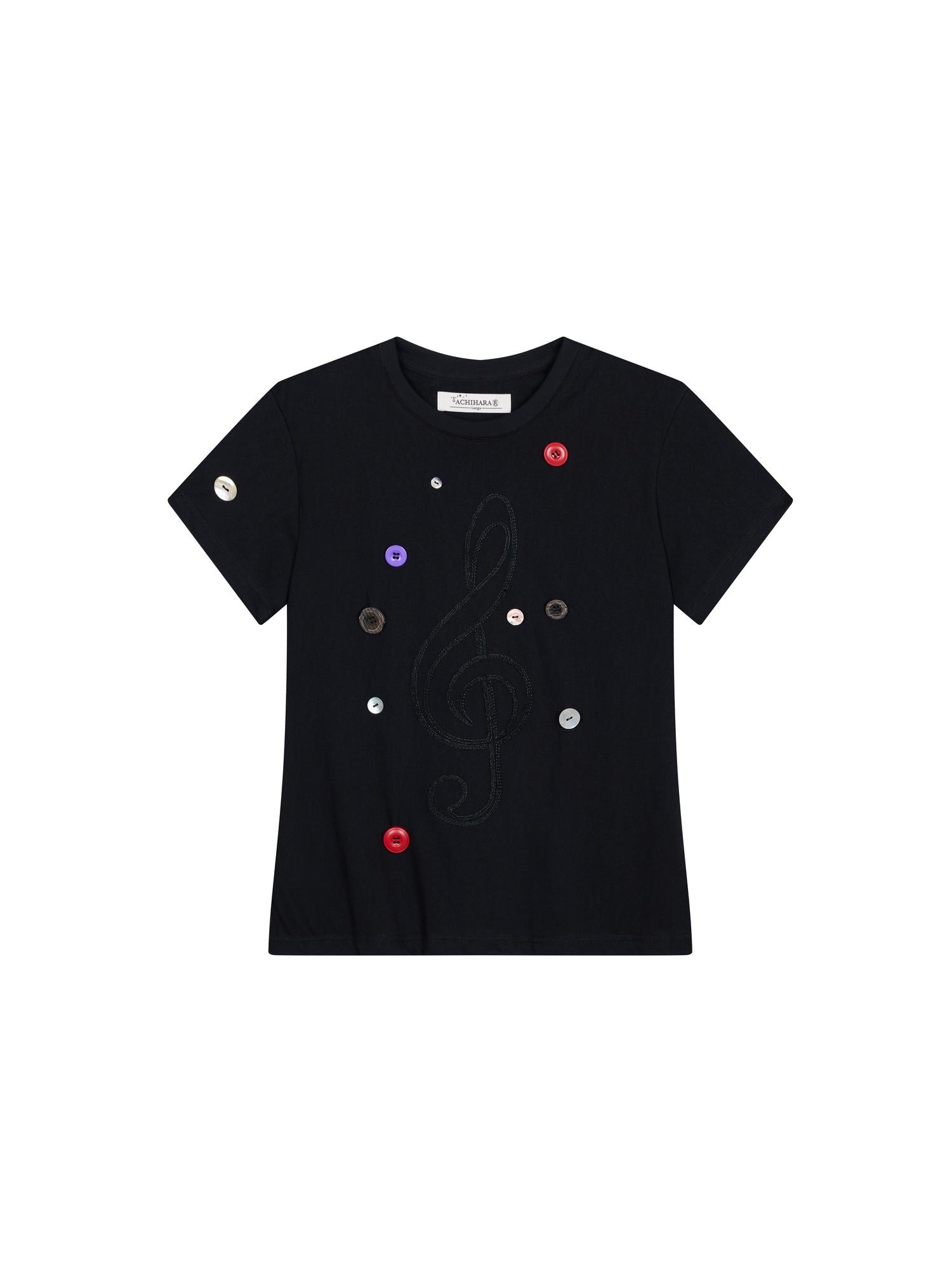 Achihara Music Button Embroidered Tc Fabric Short Sleeve T-Shirt