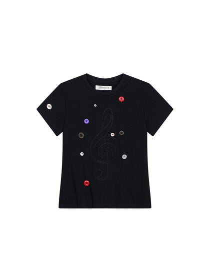 Achihara Music Button Embroidered Tc Fabric Short Sleeve T-Shirt