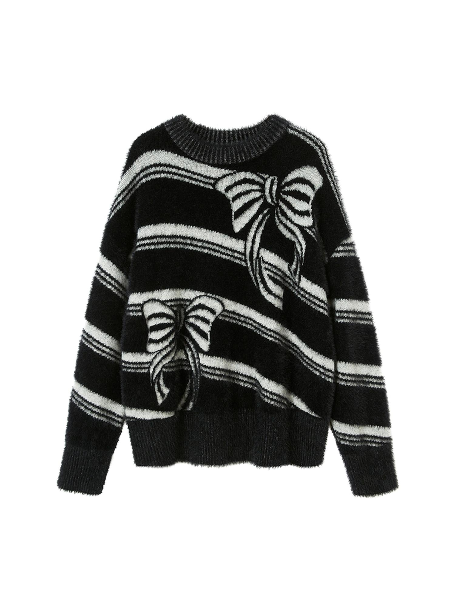 DIDDI MODA Arctic Velvet Bow Stripe Jacquard Sweater