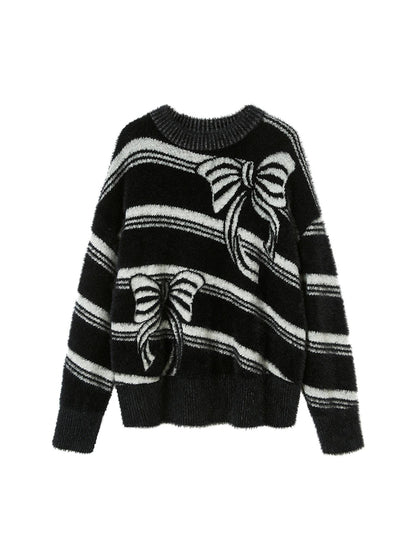 DIDDI MODA Arctic Velvet Bow Stripe Jacquard Sweater