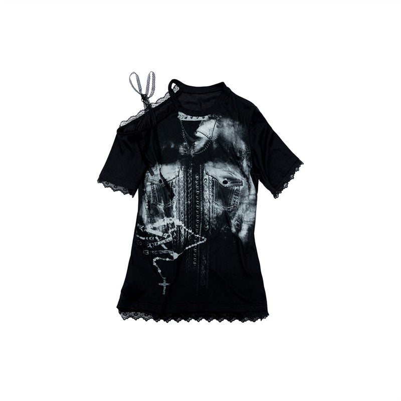 NO ROMANCE Oversized Off Shoulder Lace Print Summer T-Shirt Women