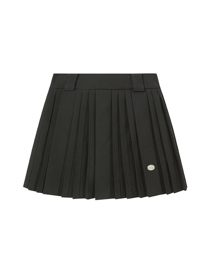 Pleated Mini Skirt With Metallic Logo Structured Flowy