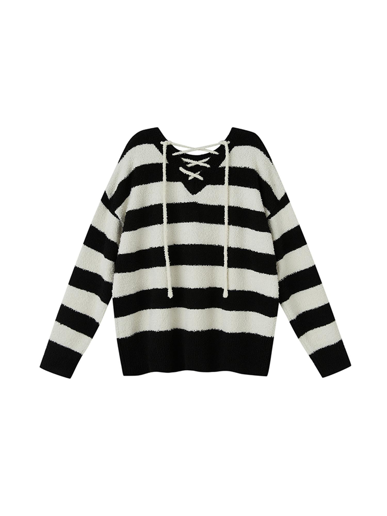 DIDDI MODA Lazy V Striped Knit Tie Front Sweater