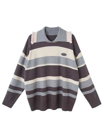 DIDDI MODA Floral Trim Color Block Stripe Knit Top