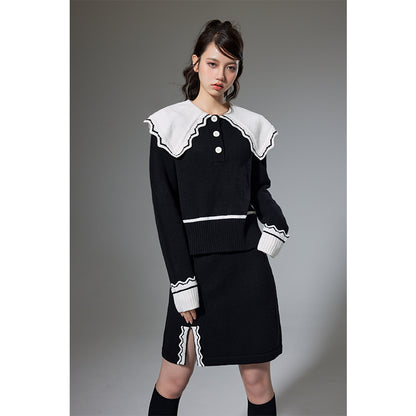 DIDDI MODA Classic Color Block Lace Collar Knit Set