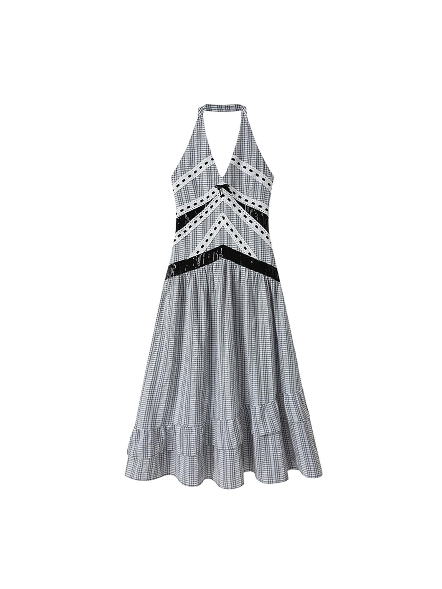 DIDDI MODA Elegant V Neck Lace Sequin Resort Maxi Dress