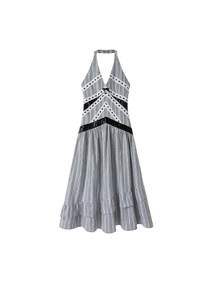 DIDDI MODA Elegant V Neck Lace Sequin Resort Maxi Dress