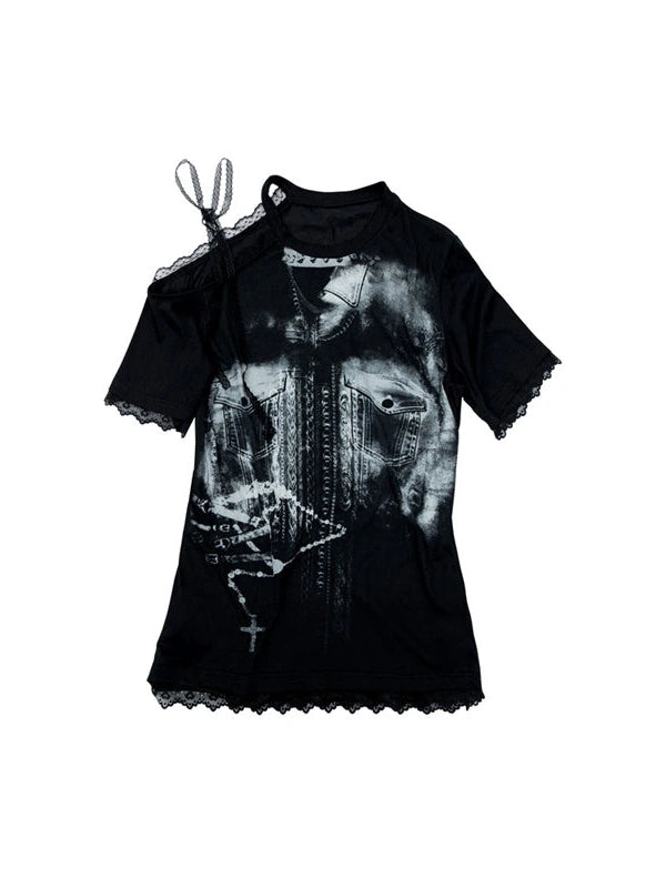 Oversized Off Shoulder Lace Print Summer T-Shirt Women