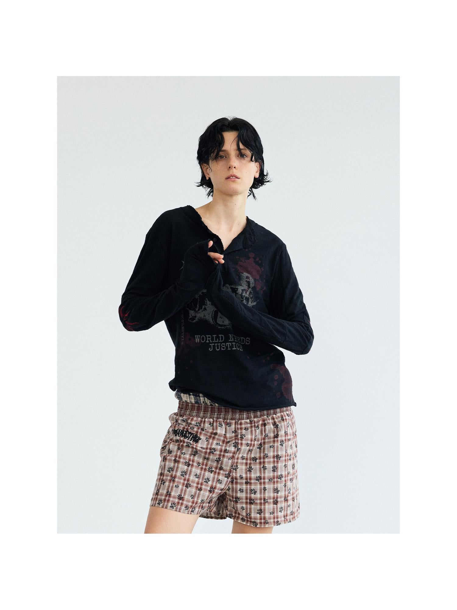 Peoplesense Retro White Ink Print Washed Loose Fit Long Sleeve Tee
