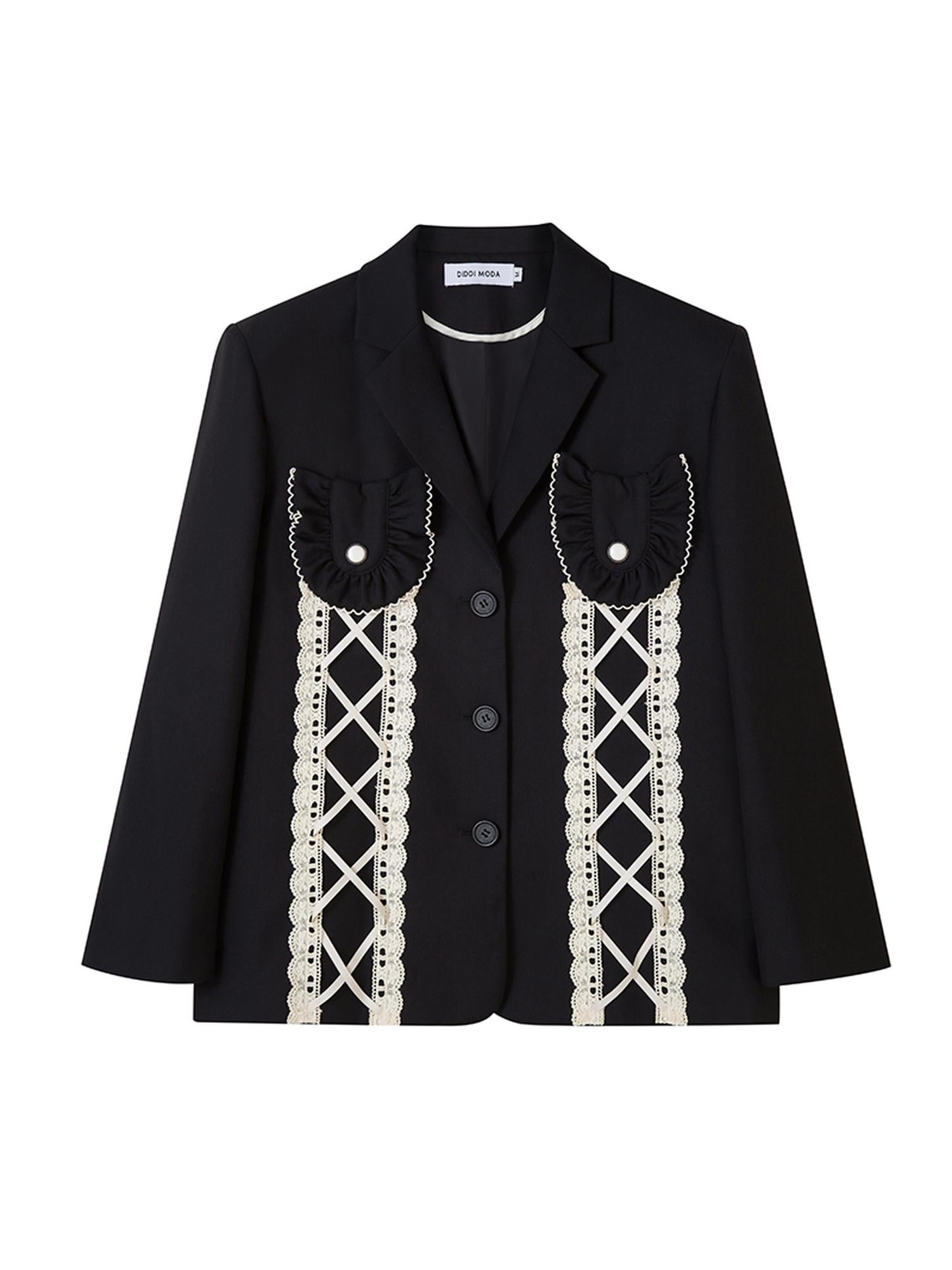 DIDDI MODA Lace Trimmed Peplum Blazer With Pearl Buttons