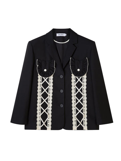 DIDDI MODA Lace Trimmed Peplum Blazer With Pearl Buttons