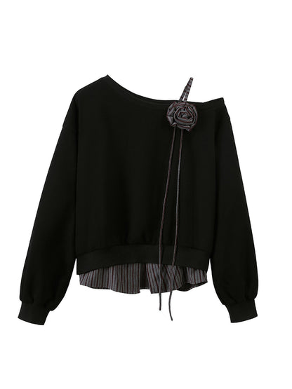 DIDDI MODA Slanted Shoulder Floral Ribbed Hem Sweatshirt
