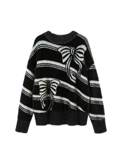 Arctic Velvet Bow Stripe Jacquard Sweater
