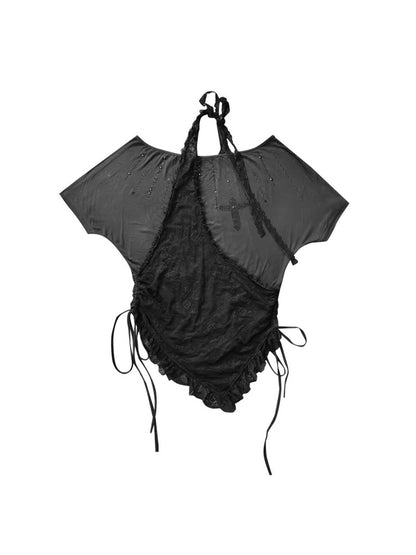 WSW WUSHENWU Dazzling Black Lace Trim Diamond Slim Fit Lazy Style T Shirt