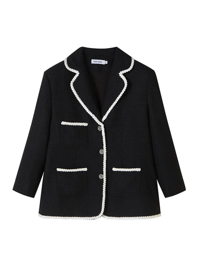 DIDDI MODA Vintage Lace Trimmed Knit Blazer With Multi Pockets