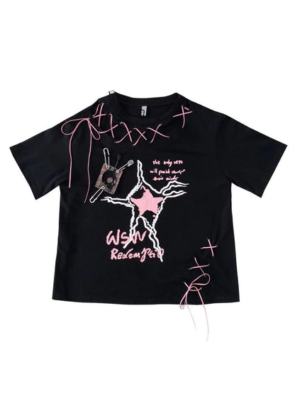 Unique Black Pink Asymmetrical Straps Asian Fit Tee